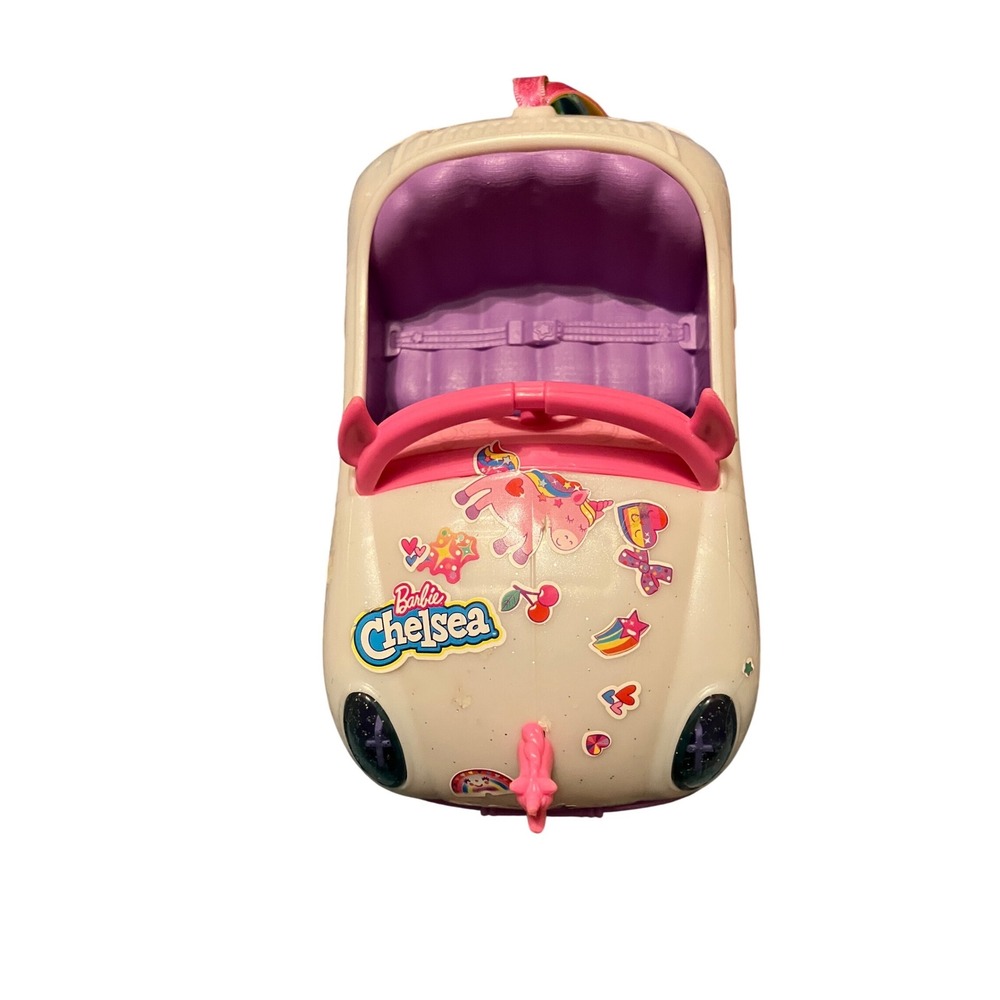 Barbie Chelsea Toy Car White Pink Unicorn Rainbow Stickers Convertible